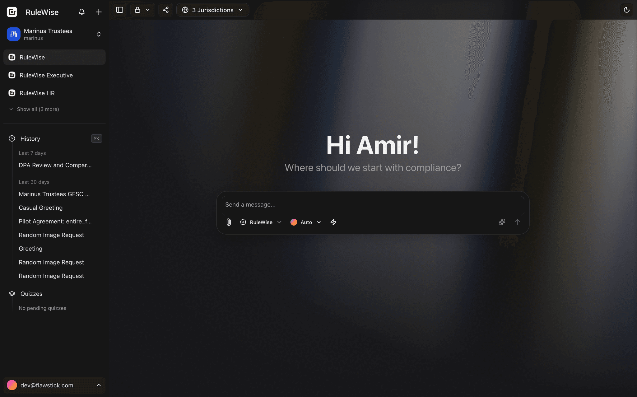 RuleWise compliance dashboard preview (dark mode)